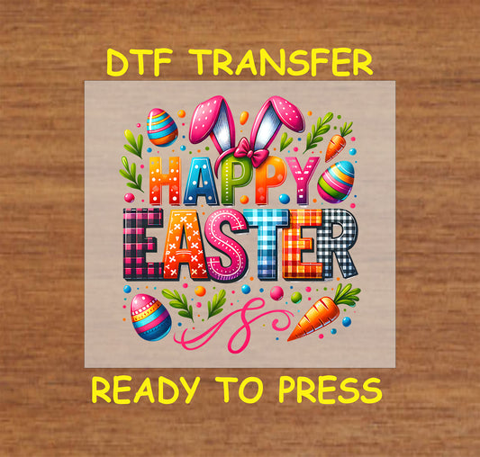 Colorful plaid "Happy Easter" text with bunny ears, eggs, and carrots.