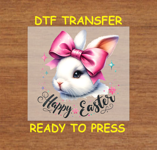 White bunny with a pink bow and "Happy Easter" script with sparkles.