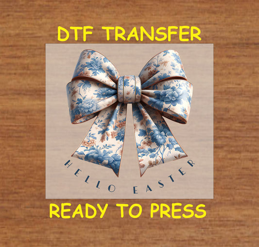 Blue floral bow with "Hello Easter" text in a classic style.