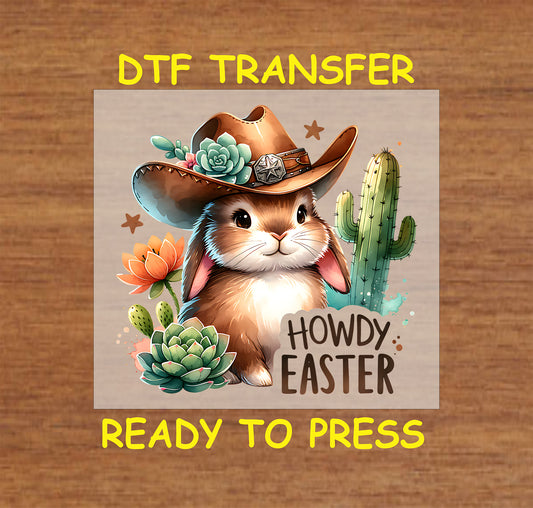 Cowboy bunny with succulents, cactus, and “Howdy Easter” text.