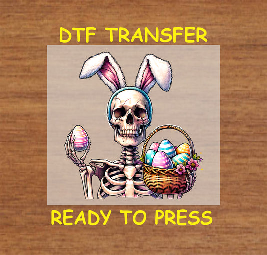Skeleton wearing bunny ears, holding an Easter egg and a basket of colorful eggs.