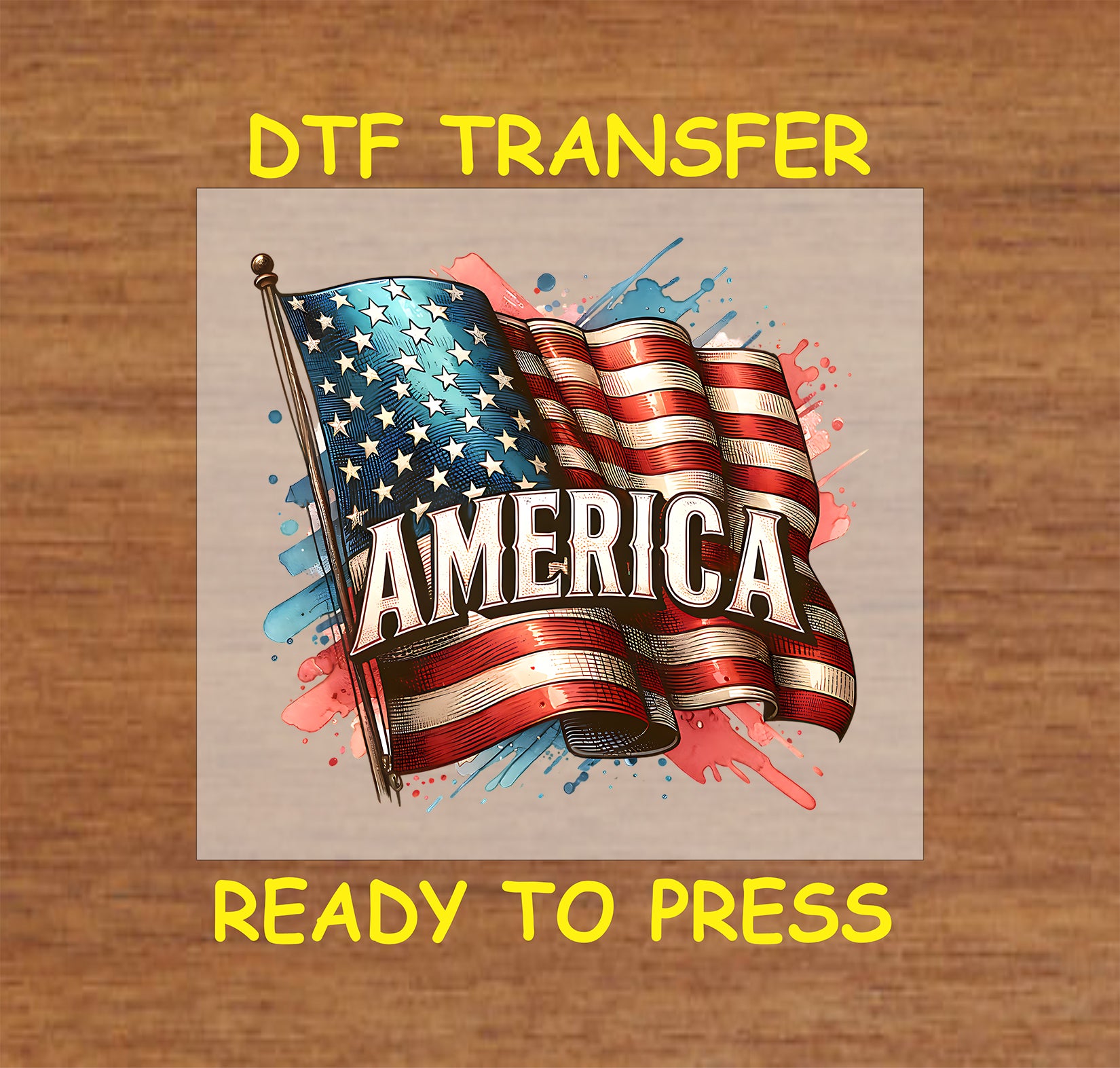 Waving American flag with "America" text on a splattered paint background.