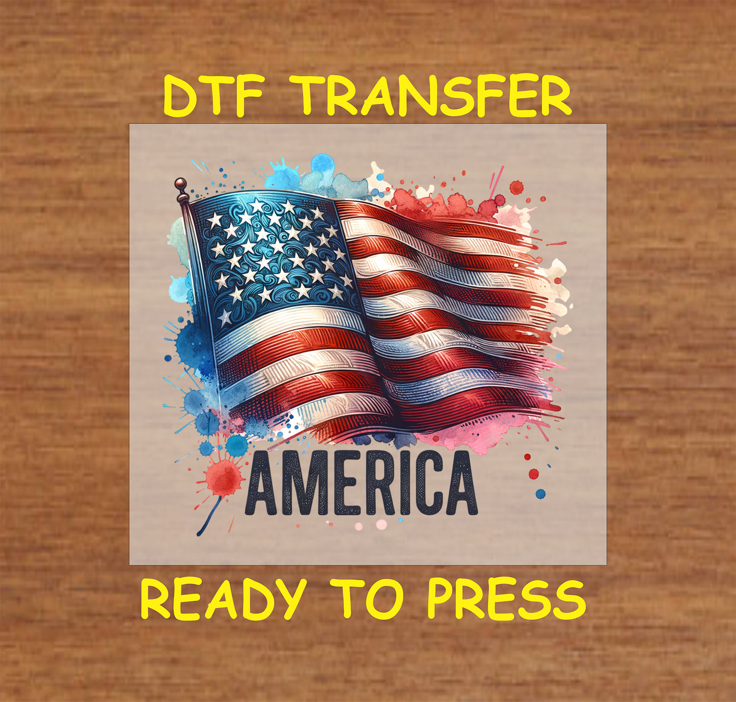 Waving American flag with "America" text and patriotic splatter accents.