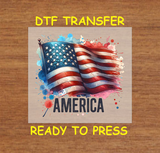 Waving American flag with "America" text and patriotic splatter accents.
