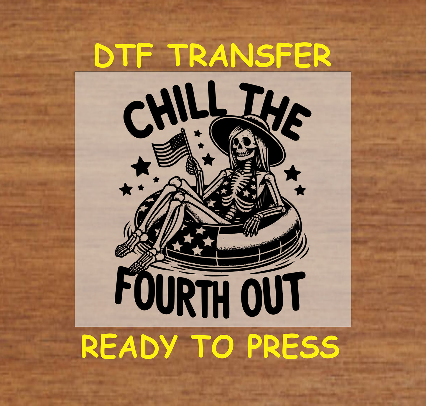 Skeleton lounging in an American flag float, holding a USA flag with "Chill the Fourth Out" text.