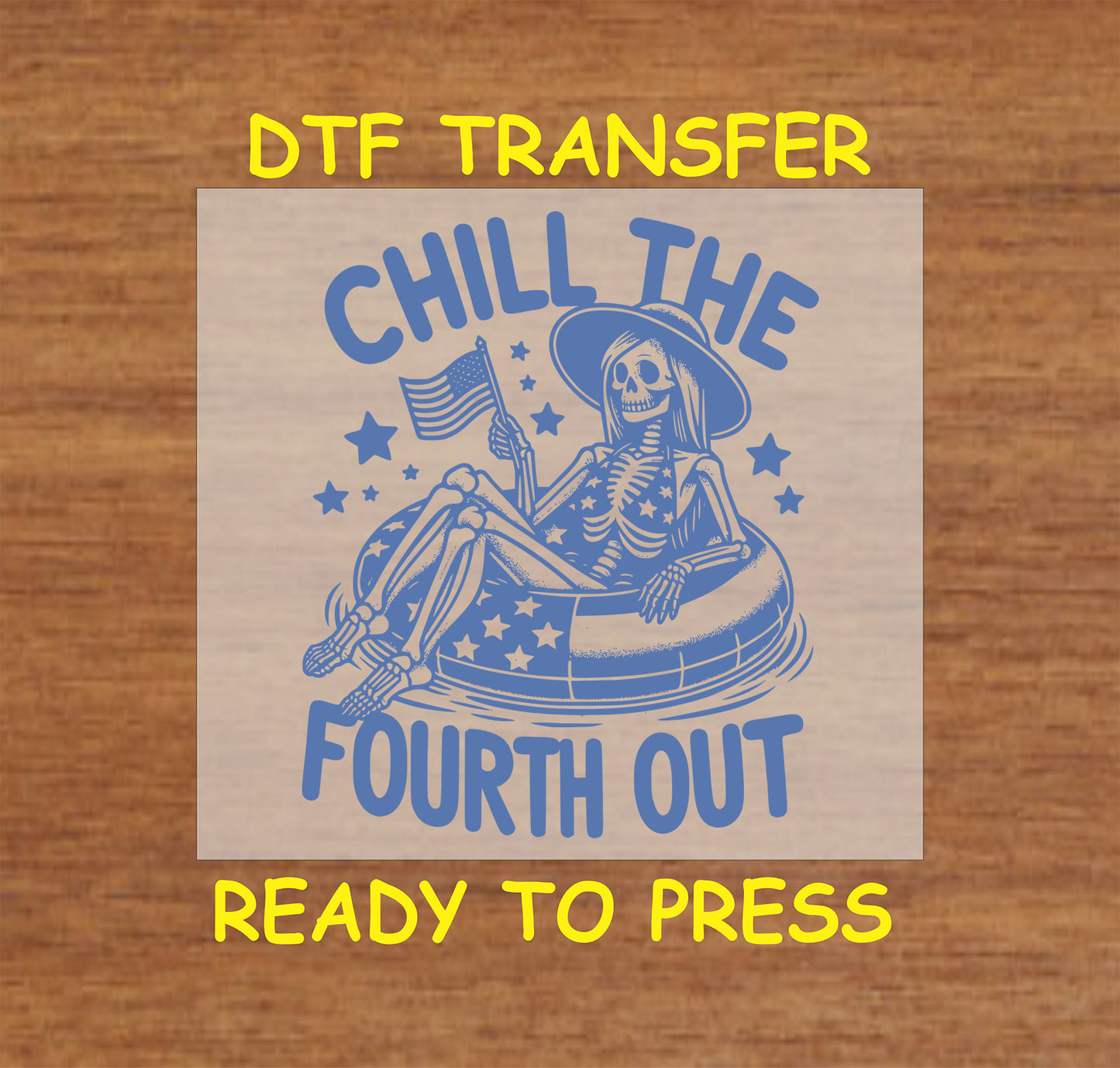 Blue ink skeleton floating in an American flag tube, holding a USA flag with "Chill the Fourth Out" text.