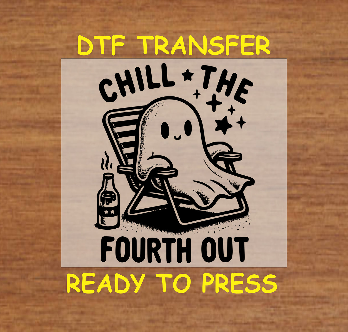 Cute ghost lounging in a chair with a drink, with "Chill the Fourth Out" text in black-and-white.