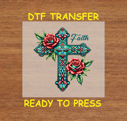 Ornate cross with red roses and "Faith" text in a floral Christian DTF transfer.