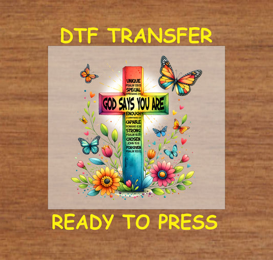 Rainbow cross with Bible verses, surrounded by flowers and butterflies, with "God Says You Are" text.