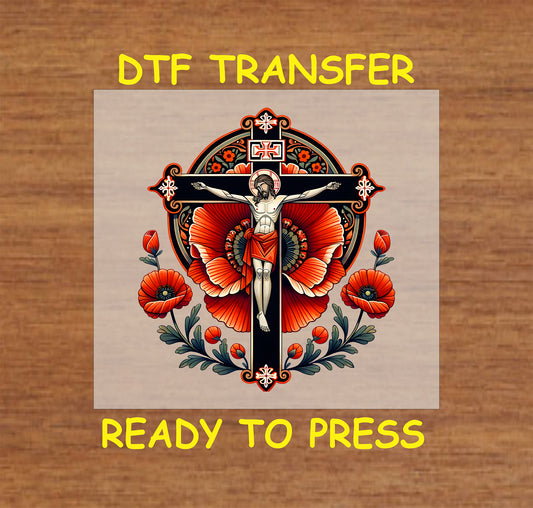 Jesus on the cross with red poppies and intricate religious detailing in a DTF transfer.