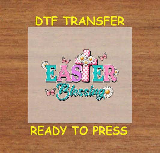 Easter Blessings design with a pink polka dot cross, daisies, and butterflies.