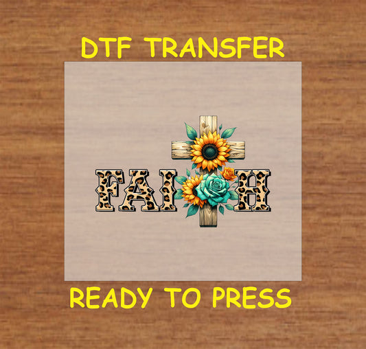 Faith design with a wooden cross, sunflowers, turquoise roses, and leopard print lettering.