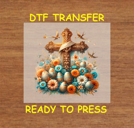 Ornate wooden cross draped in cloth, surrounded by flowers, decorative Easter eggs, and birds.