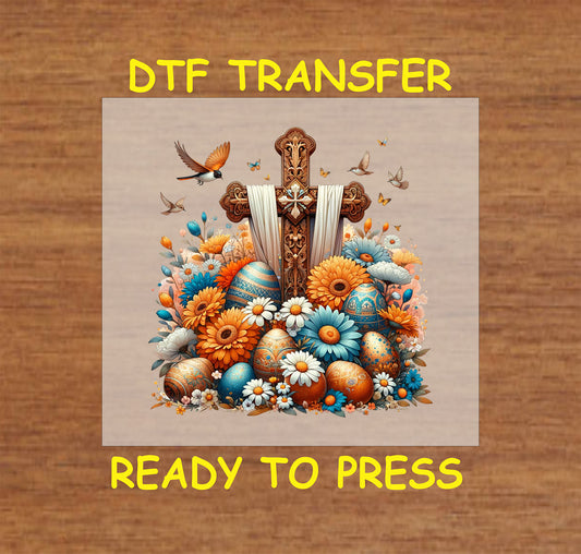 Ornate wooden cross draped in white cloth, surrounded by flowers, Easter eggs, and birds in flight.