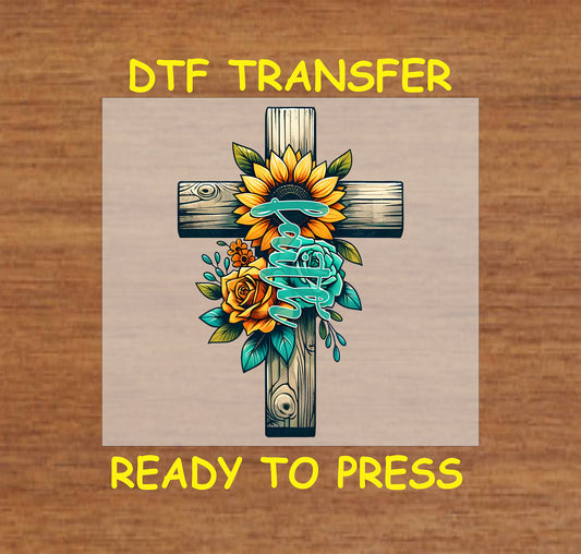 Rustic wooden cross decorated with a sunflower, roses, and "Faith" script.