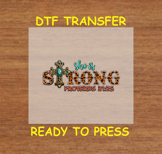 She Is Strong Proverbs 31:25 design with leopard print lettering and a turquoise cross.