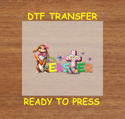 Easter bunny with a carrot, colorful lettering, polka-dot floral cross, and butterflies.