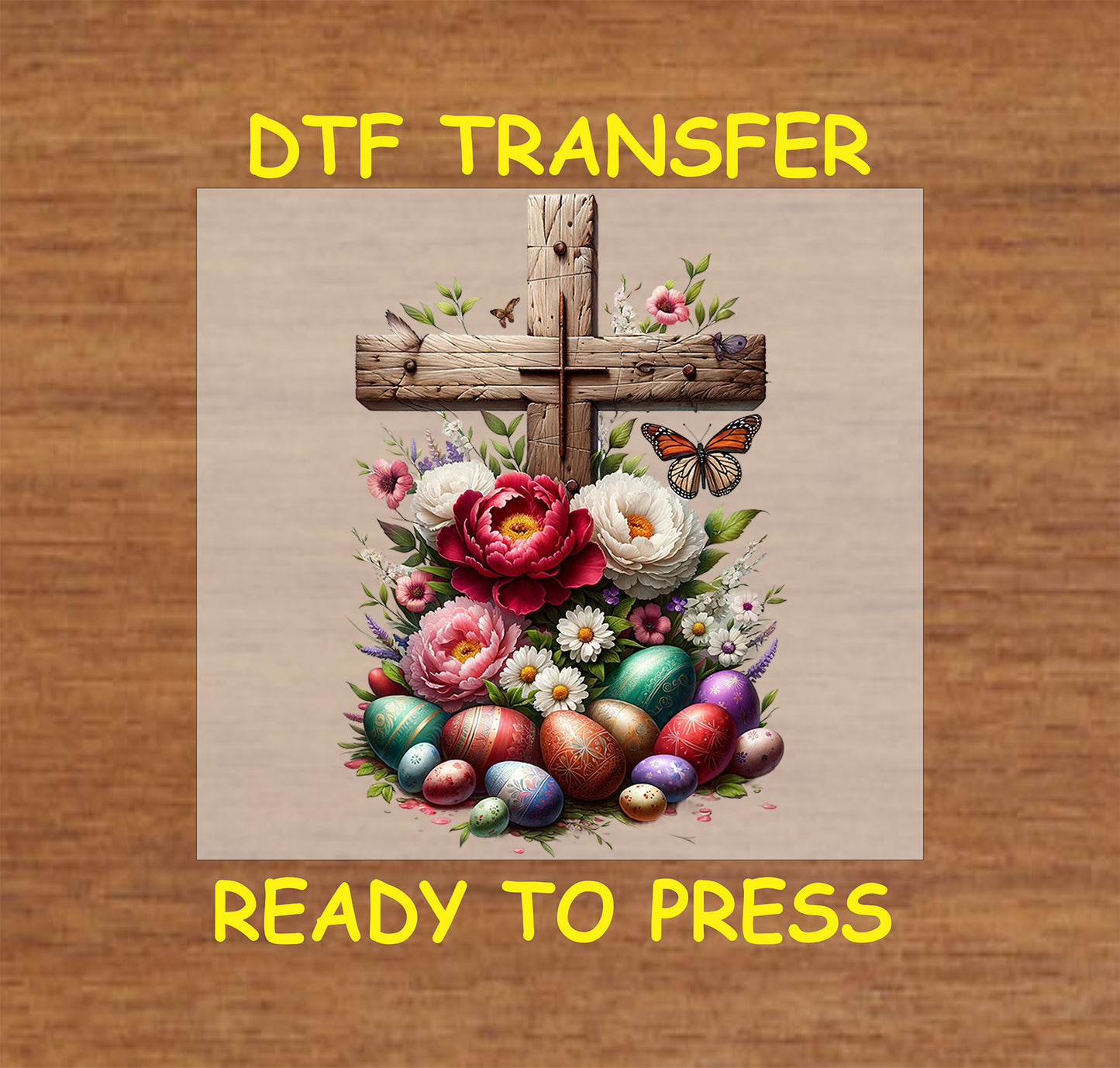 Rustic wooden cross with colorful Easter eggs, flowers, and butterflies.