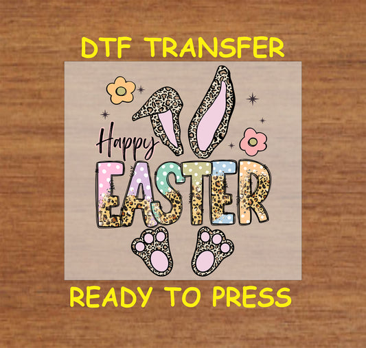 Happy Easter DTF transfer with leopard print bunny ears, pastel colors, and paw prints.