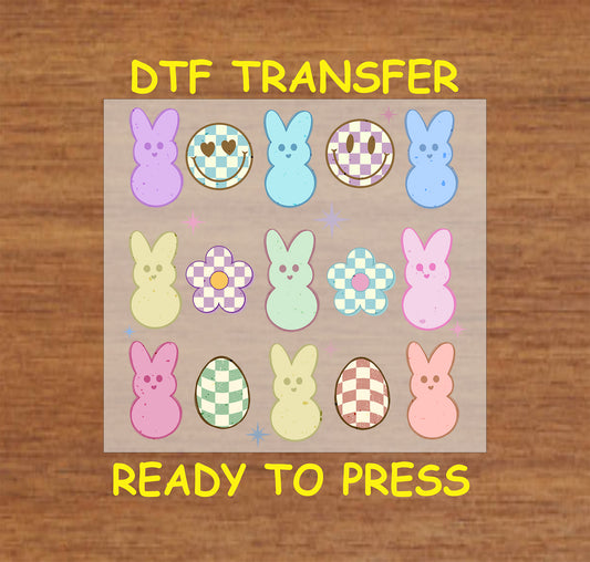 DTF transfer with pastel bunnies, checkered eggs, and floral accents.