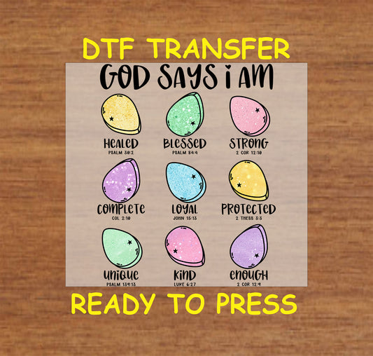 DTF transfer with pastel Easter eggs and Bible verses declaring faith affirmations.