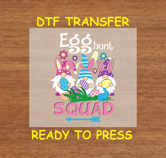 DTF transfer with Easter gnomes, bunny ears, and decorated eggs.