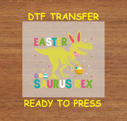 DTF transfer featuring a dinosaur with bunny ears holding an Easter basket.