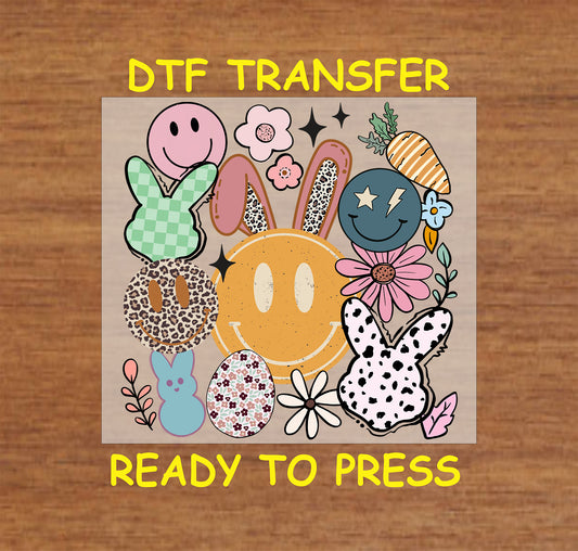 Retro Easter DTF transfer with smiley faces, bunny ears, florals, and Easter eggs.