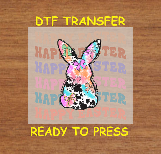 Tie-dye cow print bunny Easter DTF transfer with pastel bows and "Happy Easter" text.
