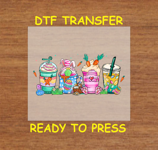 Easter Drinks DTF transfer featuring colorful spring beverages with bunny ears, carrots, and Easter eggs.