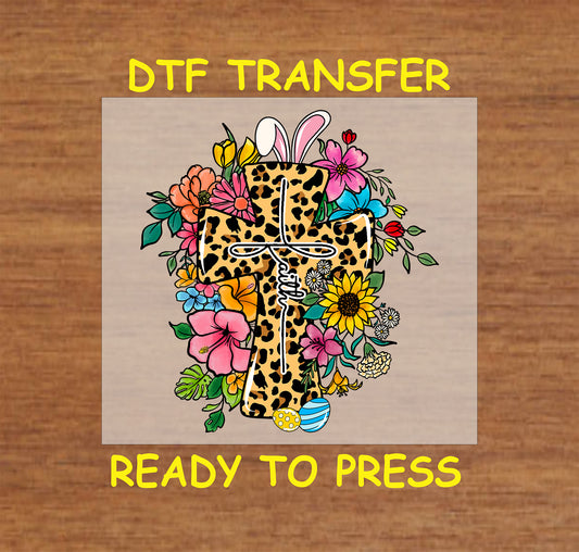 Leopard cross Easter DTF transfer with colorful flowers, bunny ears, and Easter eggs.