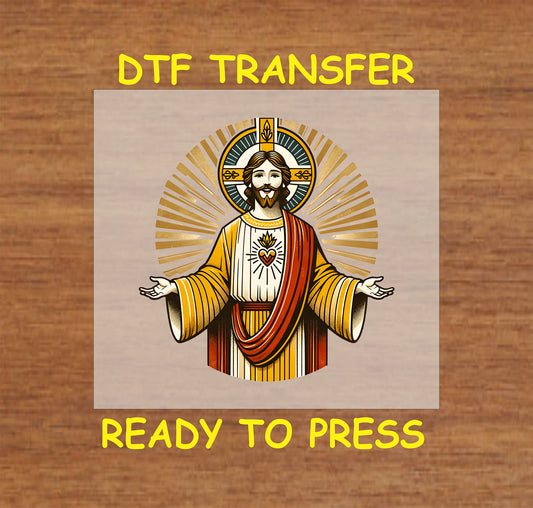 Sacred Heart Jesus DTF transfer with open arms and radiant light, ideal for Easter and faith-based apparel.