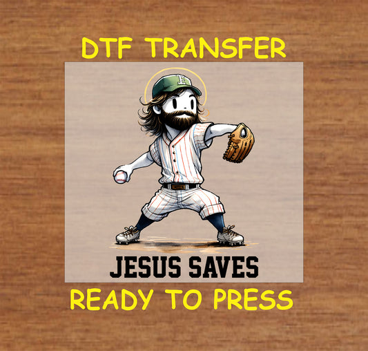 Cartoon Jesus in a baseball uniform pitching with "Jesus Saves" text, DTF transfer.