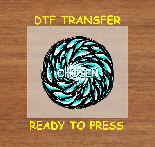 Swirling fish design with the word "Chosen" in bold lettering.