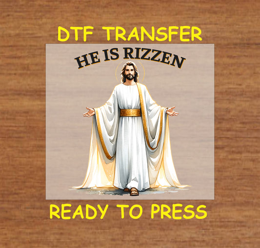 Illustration of Jesus in a white and gold robe with the phrase "He Is Rizzzen" above him.