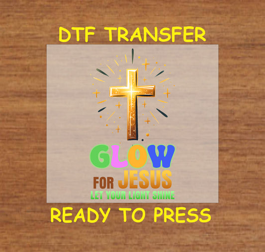 Glowing golden cross with "Glow for Jesus, Let Your Light Shine" text in colorful lettering.