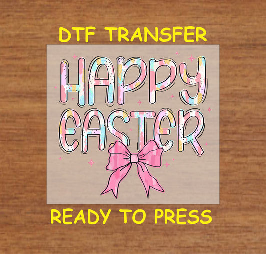 Colorful pastel "Happy Easter" text with sparkles and a pink bow.