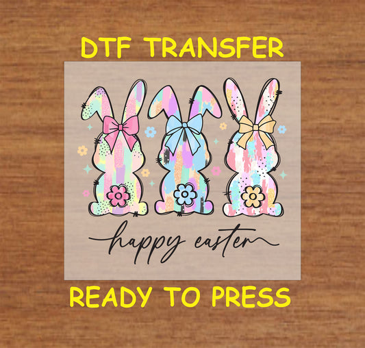 Easter DTF Transfer Iron On Heat Transfer - Ready to Press, Happy Easter Bunny Trio DTF Transfer | Ready to Press | Easter Design 4776