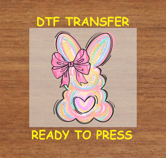 Pastel watercolor bunny with pink bow and heart detail.