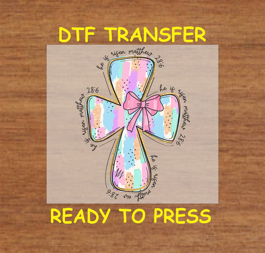 Pastel watercolor cross with a pink bow and Matthew 28:6 scripture surrounding it.