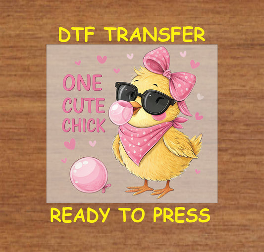 Cute yellow chick with sunglasses, pink bow, bandana, and bubblegum, with "One Cute Chick" text.