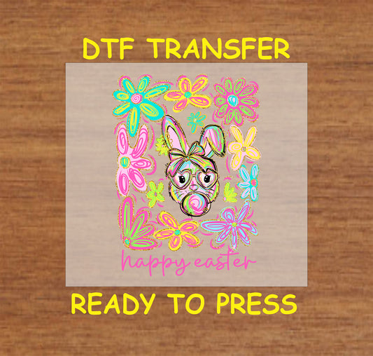Hand-drawn bunny with glasses surrounded by colorful flowers, with "Happy Easter" text.