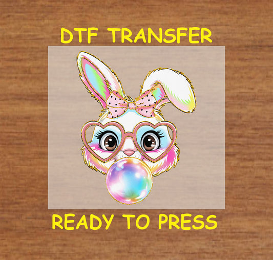 Cute bunny with oversized glasses, a pink bow, and bubblegum bubble.