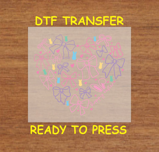 Heart-shaped design with pastel bows, bunny silhouettes, and "Happy Easter" text.