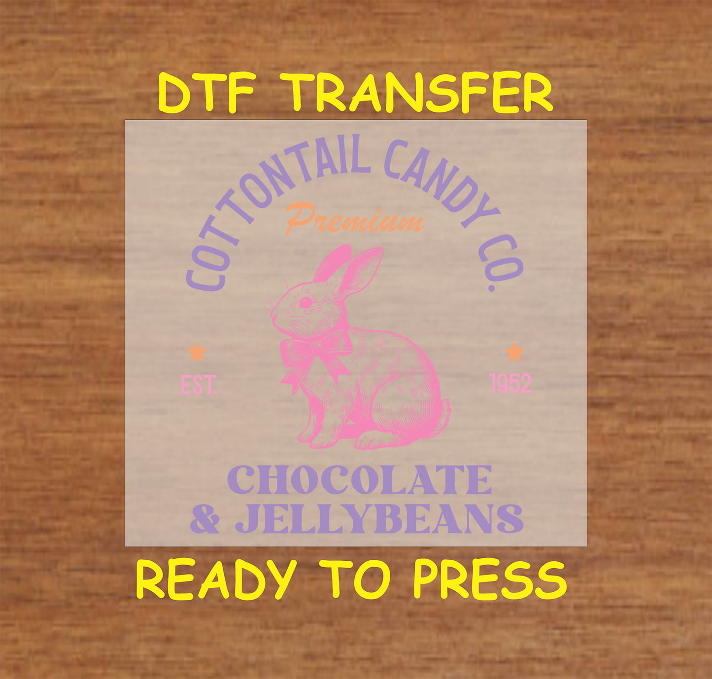 Vintage-style Easter bunny with "Cottontail Candy Co. Chocolate & Jellybeans" text.