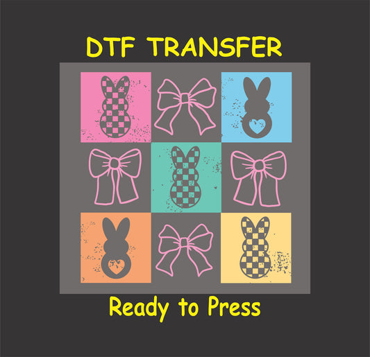 Patchwork-style design with pastel squares featuring bunnies, bows, and distressed textures.