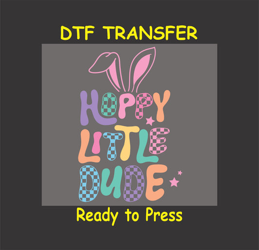 Colorful "Hoppy Little Dude" text with bunny ears and retro checkered details.