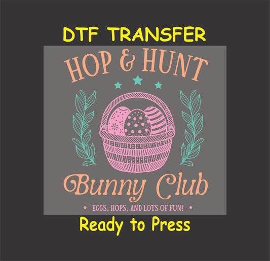Easter basket filled with eggs, surrounded by leaves, stars, and "Hop & Hunt Bunny Club" text.