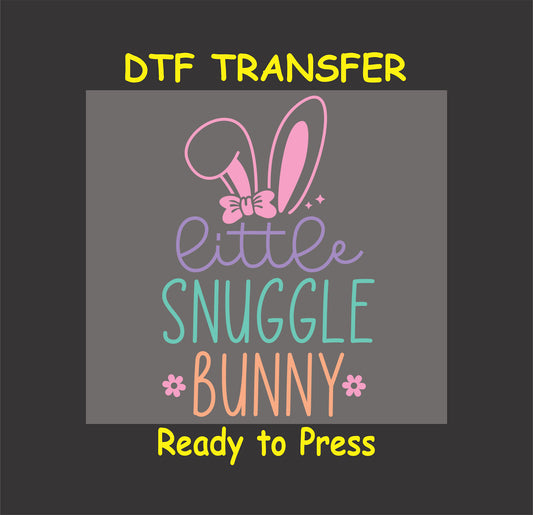 Pastel "Little Snuggle Bunny" text with bunny ears, a bow, and floral accents.