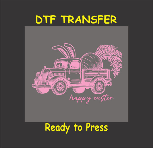 Vintage farm truck carrying a giant carrot with bunny ears, featuring "Happy Easter" text.